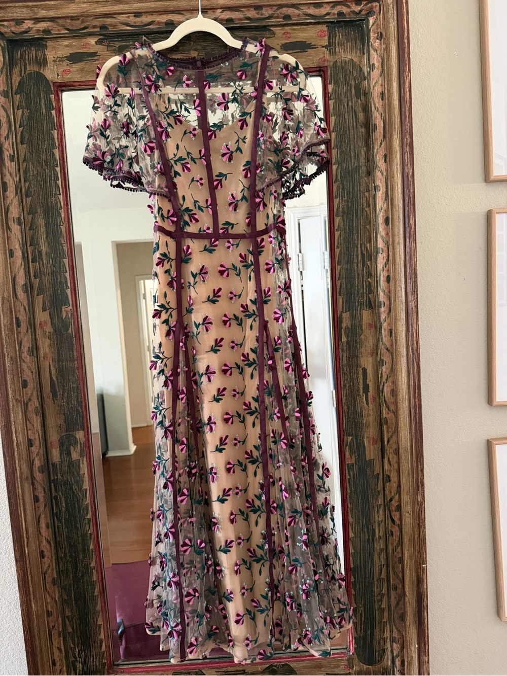 Lela Rose Nude Mesh Midi Dress with Purple Floral Embroidery - Picture 2 of 6